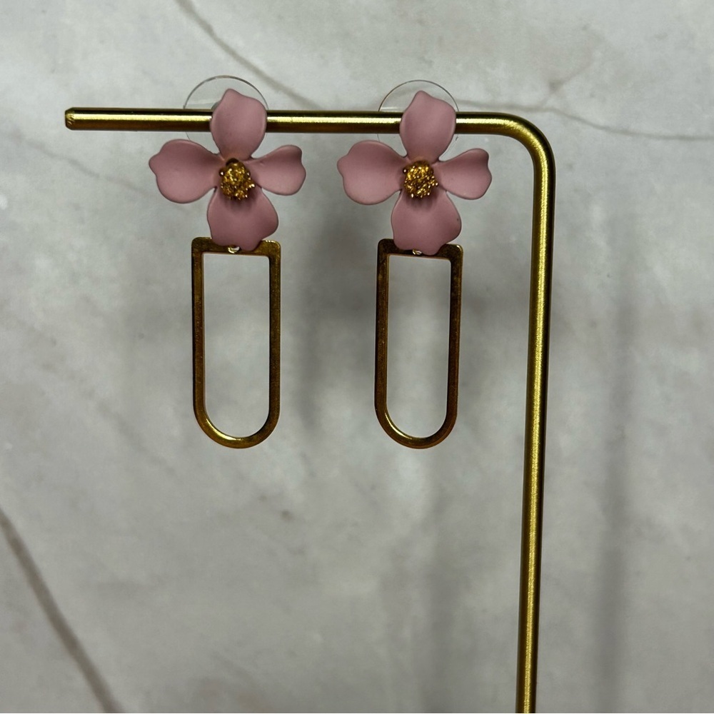 Pink Floral Gold Tone Drop Earrings